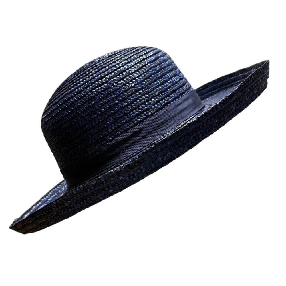 1980s Unbranded Navy Straw Sun Hat Vintage - Picture 2 of 5